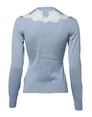 Blue Floral Lace Detailing Cardigan Sweater