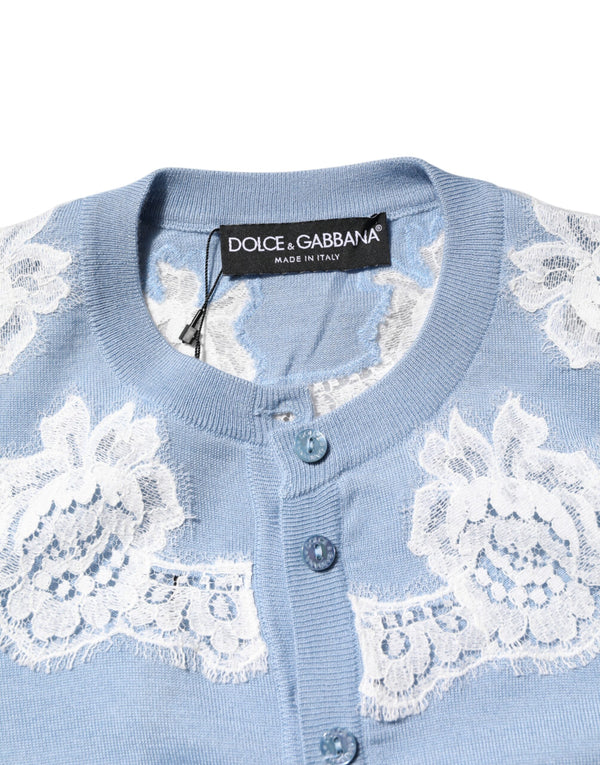 Blue Floral Lace Detailing Cardigan Sweater