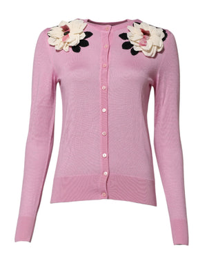 Pink Floral Detailing Cardigan Sweater