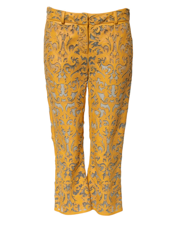 Yellow Floral Lace Mid Waist Capri Pants