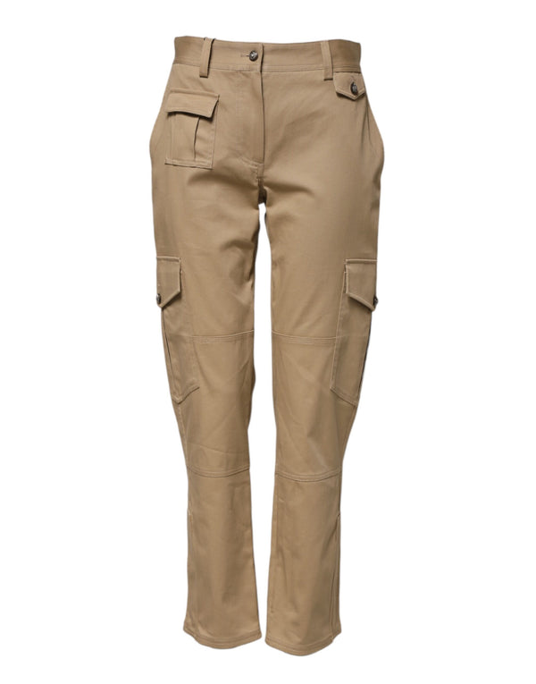 Beige Mid Waist Cargo Tapered Pants
