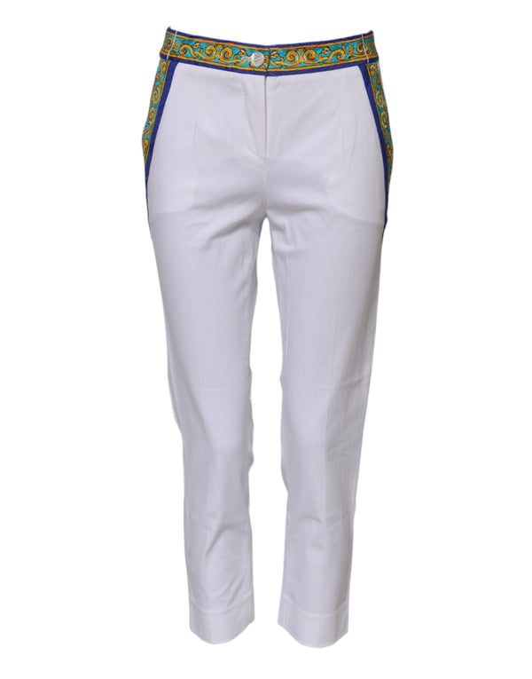 White Cotton Mid Waist Tapered Trouser Pants