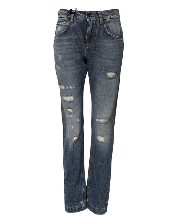 Blue Cotton Tattered Mid Waist Denim Jeans