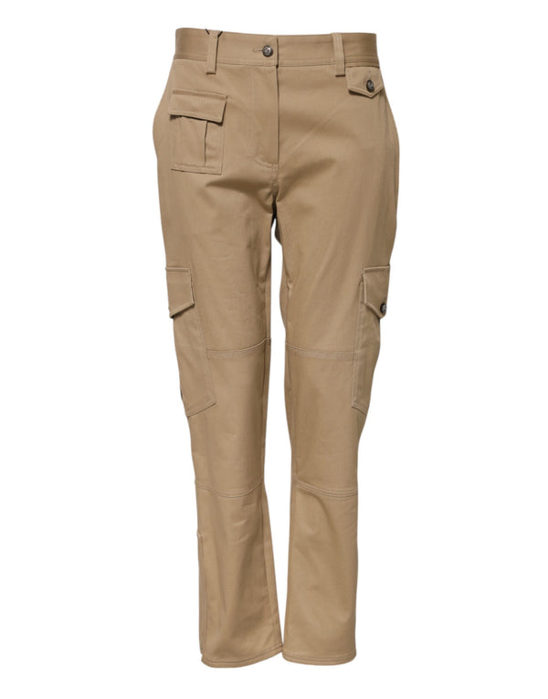 Beige Mid Waist Cargo Tapered Pants