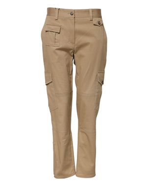 Beige Mid Waist Cargo Tapered Pants