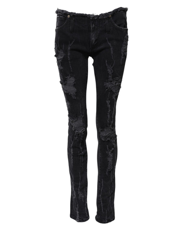 Black Cotton Tattered Skinny Denim Jeans