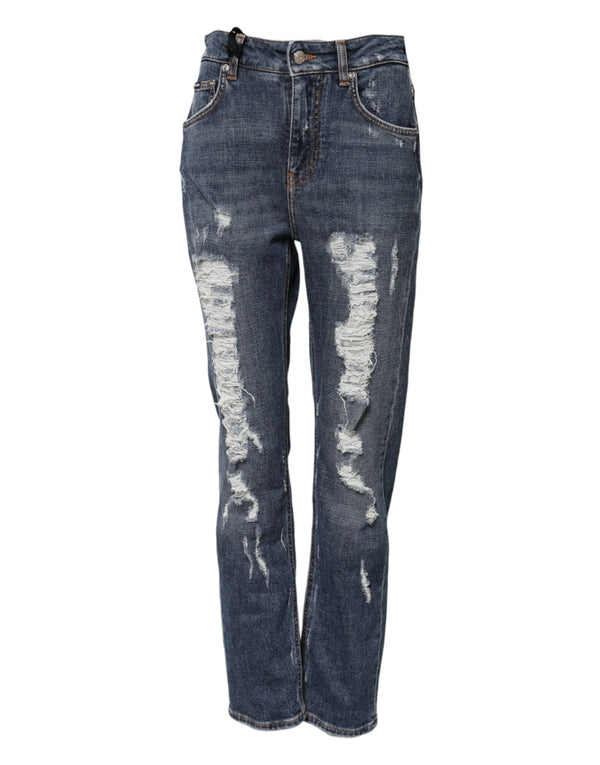 Blue Cotton Boyfriend Tattered Denim Jeans