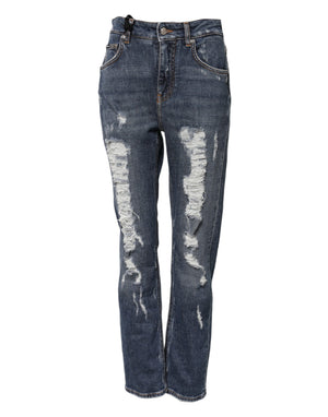 Blue Cotton Boyfriend Tattered Denim Jeans