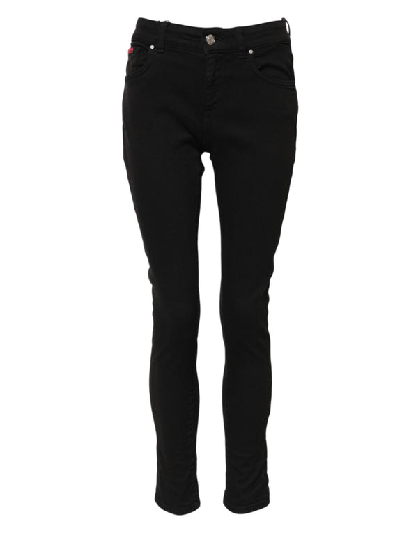 Black Cotton Logo Skinny Mid Waist Denim Jeans