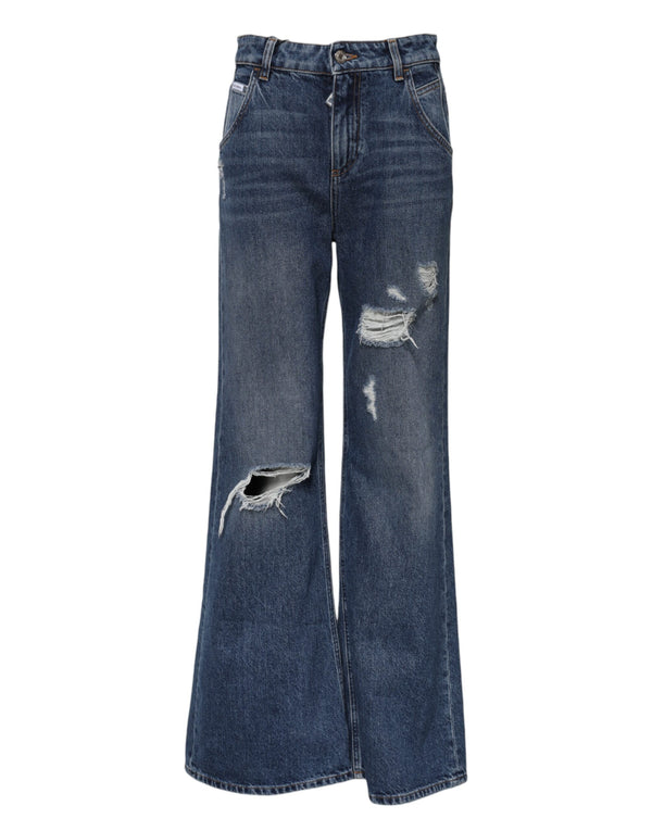 Blue Cotton Wide Leg Tattered Denim Jeans
