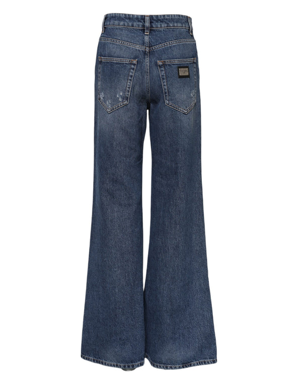 Blue Cotton Wide Leg Tattered Denim Jeans