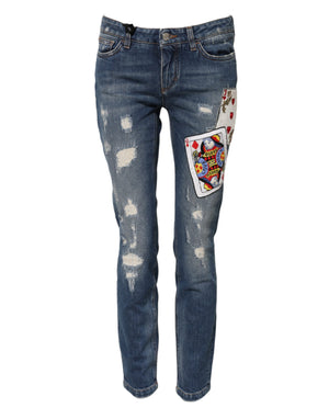 Blue Play Card Embroidery Skinny Denim Jeans