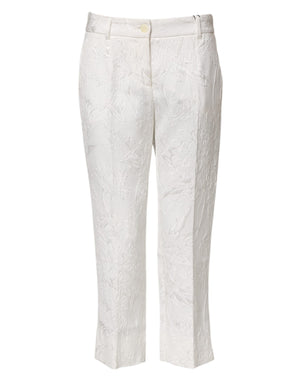 White Cotton Floral Jacquard Pants