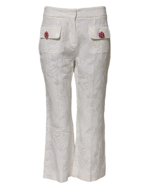 White Cotton Floral Jacquard Pants