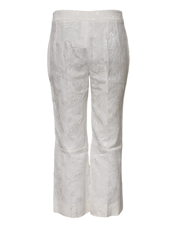 White Cotton Floral Jacquard Pants