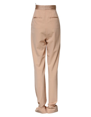 Beige Polyester Mid Waist Tapered Pants