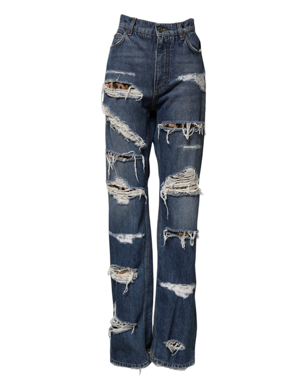 Blue Tattered Cotton Straight Denim Jeans