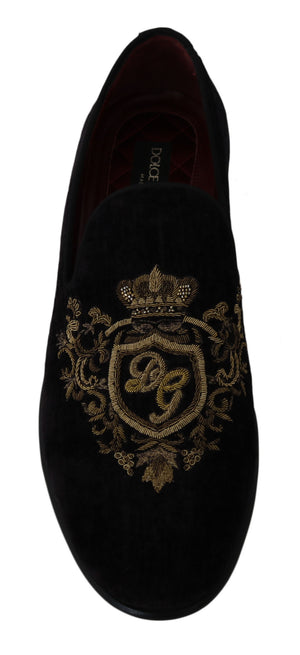 Loafers Black Velvet Gold Crown