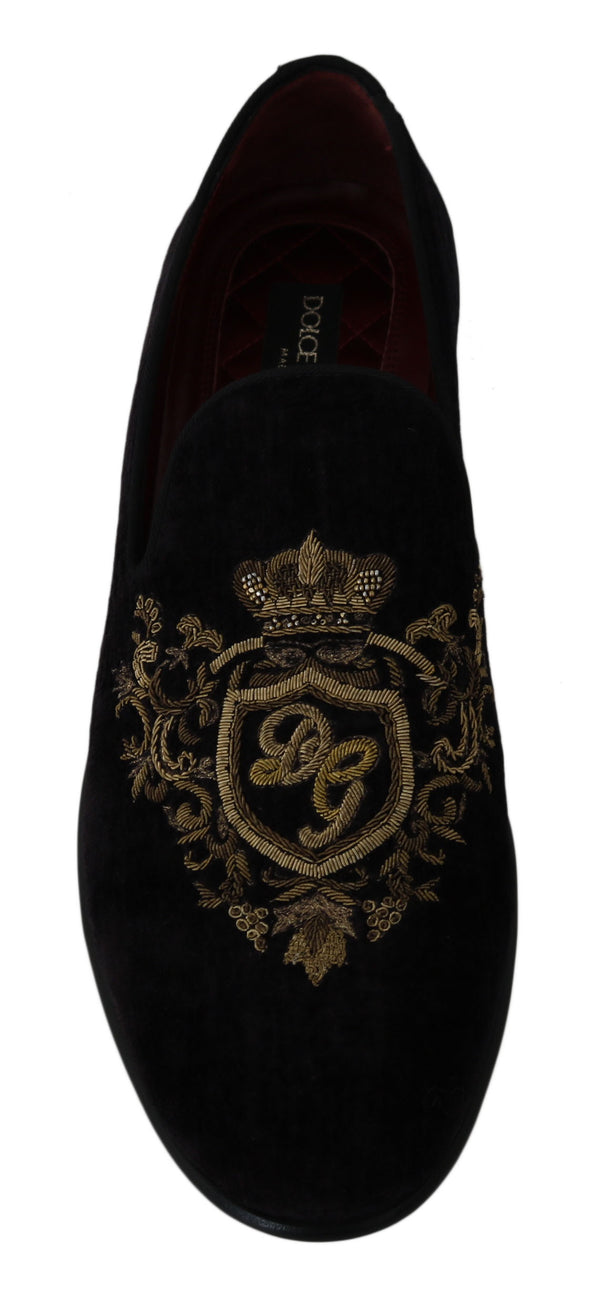 Loafers Black Velvet Gold Crown