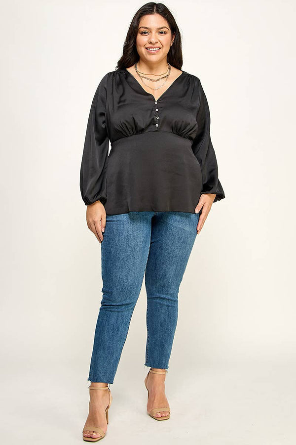 Plus size Black Satin Babydoll Blouse KY18250-T
