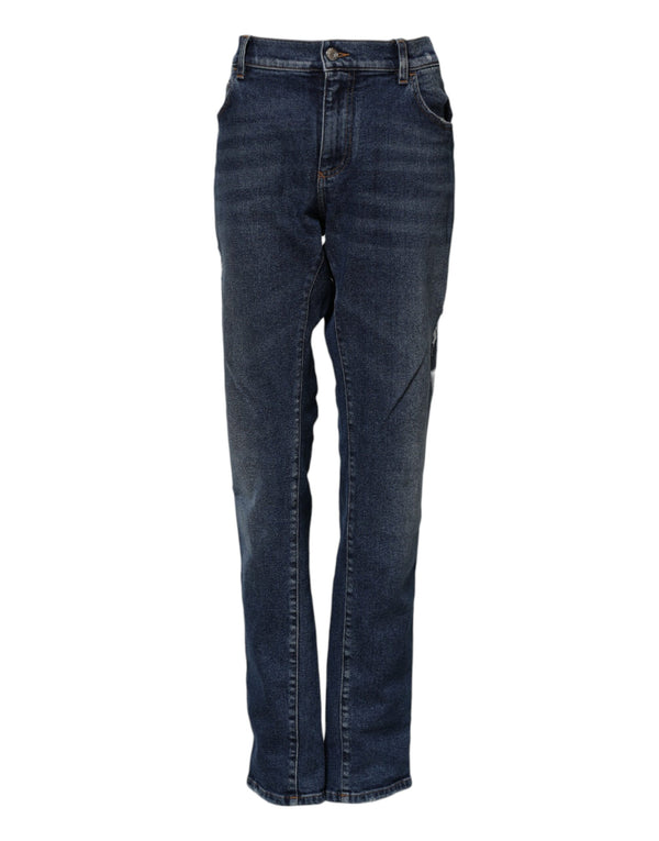 Blue Cotton Mid Waisted Straight Denim Jeans