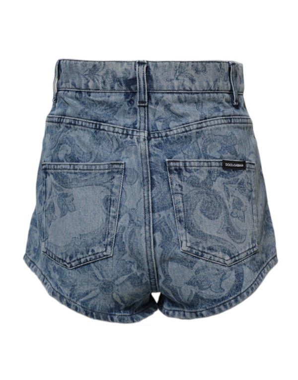 Blue Floral Print Denim Cotton Hot Pants Shorts