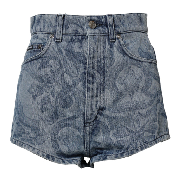 Blue Floral Print Denim Cotton Hot Pants Shorts