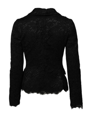 Black Floral Lace Cotton Collared Jacket