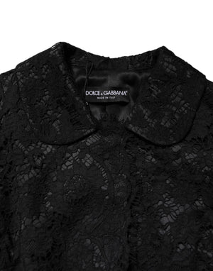 Black Floral Lace Cotton Collared Jacket