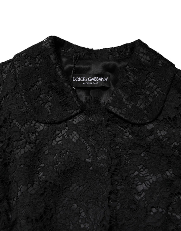 Black Floral Lace Cotton Collared Jacket