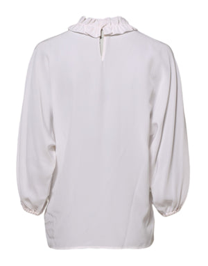 White Ruffled Neckline Blouse Pullover Top