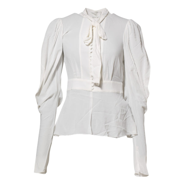 White Viscose Ascot Collar Long Sleeves Top