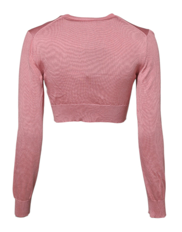 Pink Silk Cropped Crew Neck Cardigan Sweater