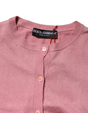 Pink Silk Cropped Crew Neck Cardigan Sweater
