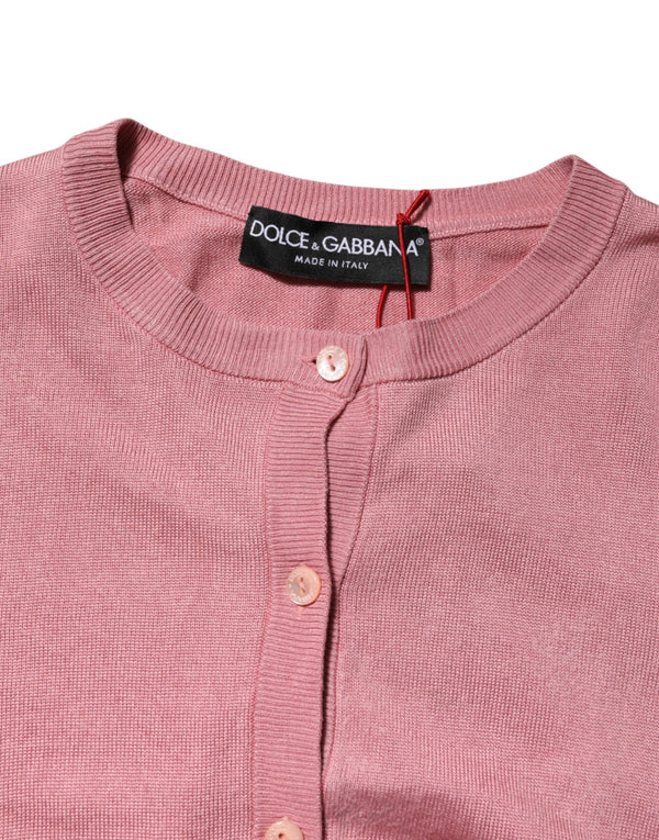 Pink Silk Cropped Crew Neck Cardigan Sweater