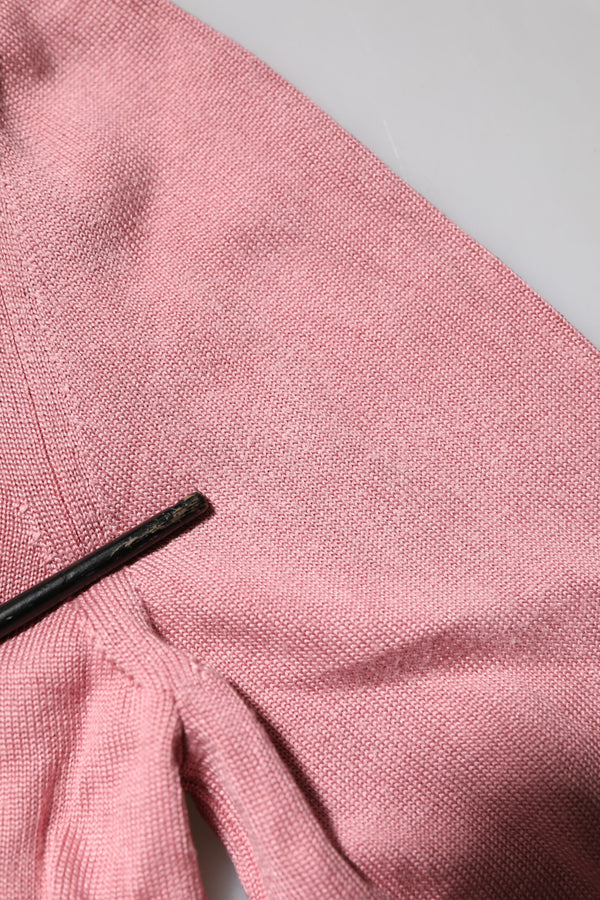 Pink Silk Cropped Crew Neck Cardigan Sweater