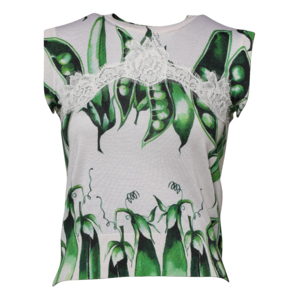 White Green Pea Print Sleeveless Blouse Top