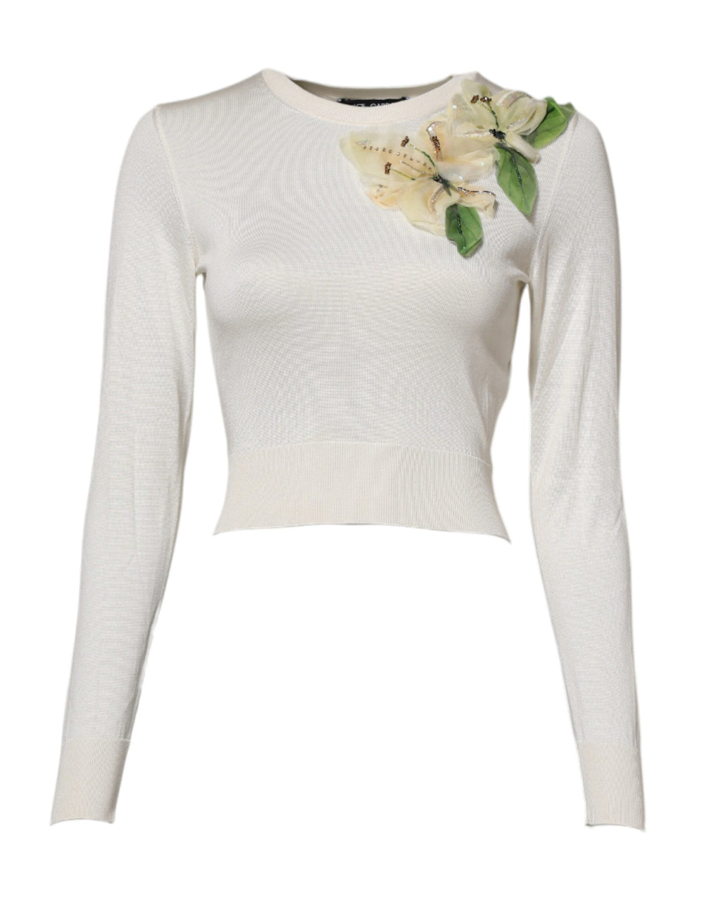 White Silk Lily Embellished Pullover Sweater
