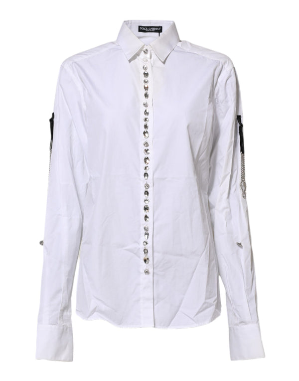 White Crystal Embellished Collared Shirt Top