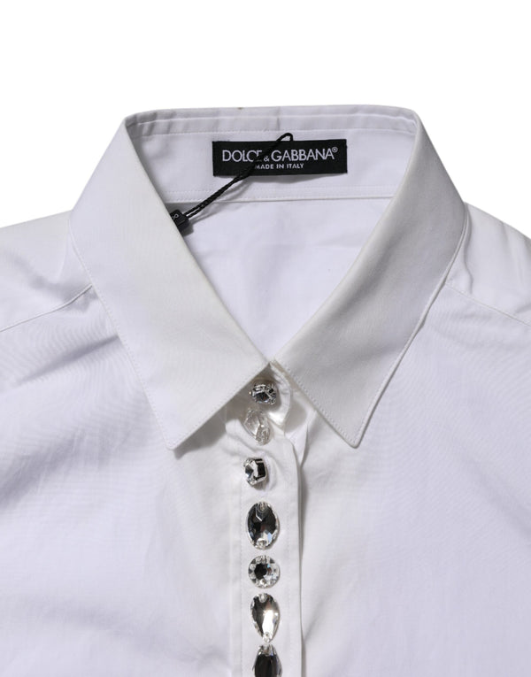 White Crystal Embellished Collared Shirt Top