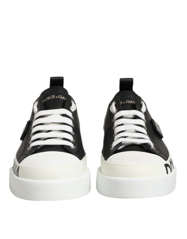 Black White Leather Low Top Sneakers Shoes