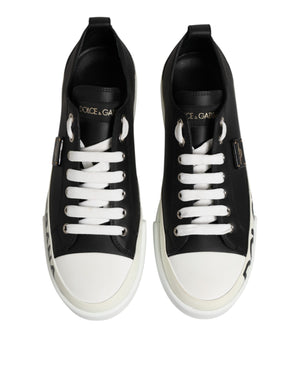 Black White Leather Low Top Sneakers Shoes
