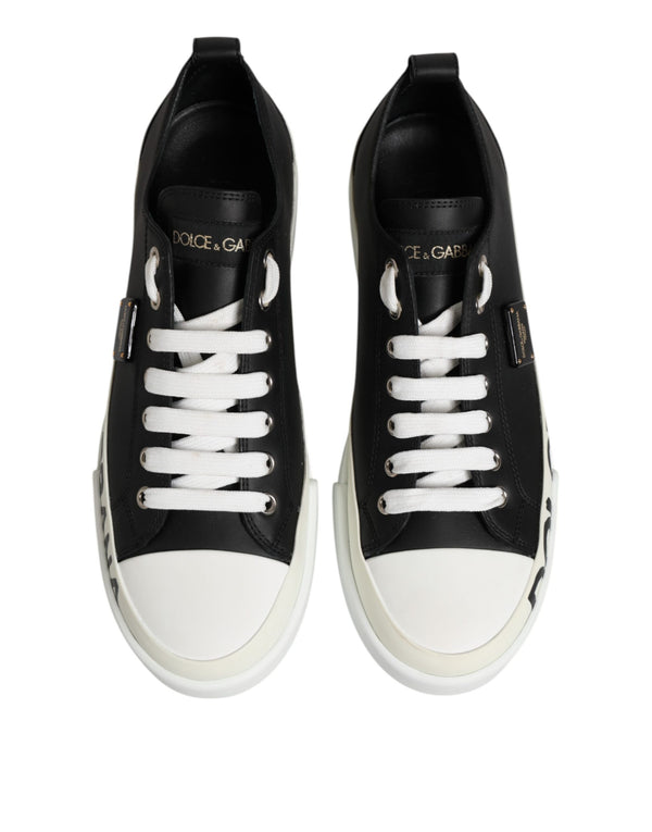 Black White Leather Low Top Sneakers Shoes