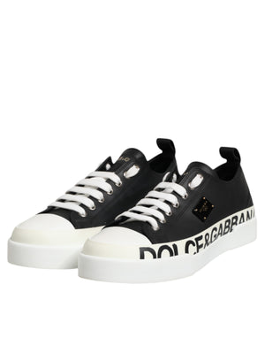 Black White Leather Low Top Sneakers Shoes
