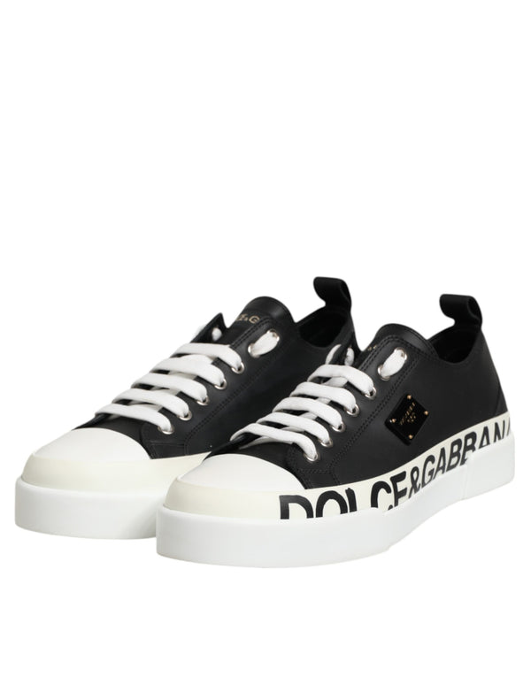 Black White Leather Low Top Sneakers Shoes