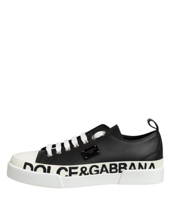 Black White Leather Low Top Sneakers Shoes
