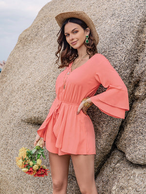 Flirty Breeze Ruffled V-Neck Long Sleeve Romper