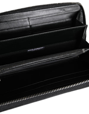 Black Leather Logo Plaque Zip Around Continental Wallet