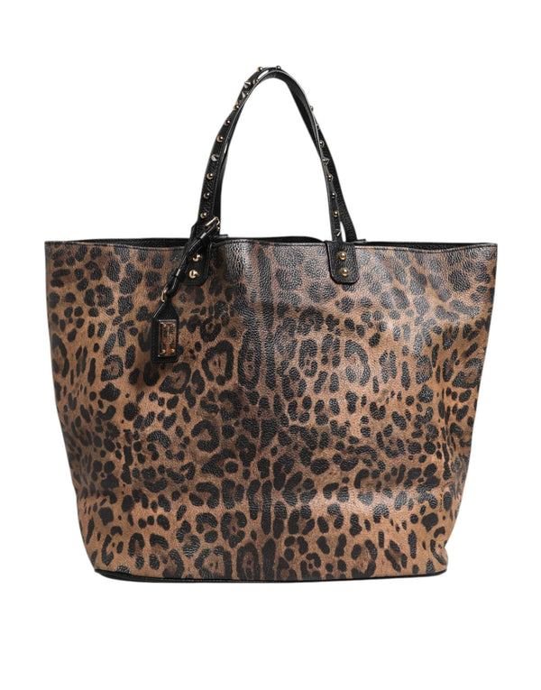 Brown Leopard BEATRICE Leather Logo Plaque Tote Bag