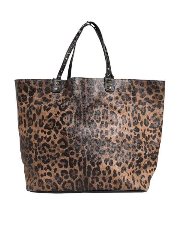 Brown Leopard BEATRICE Leather Logo Plaque Tote Bag